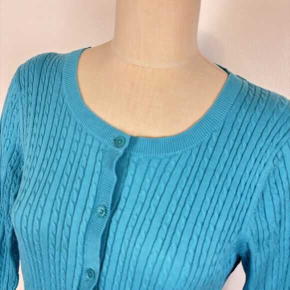 Talbots Cable Knit Cardigan Sweater Womens Large Teal Button Academia Preppy - Picture 2 of 7